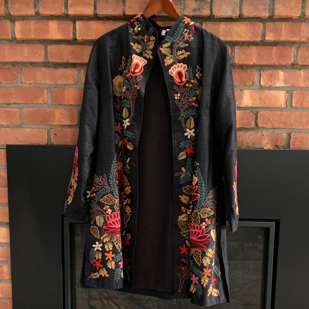 Silk embroidered mid length jacket